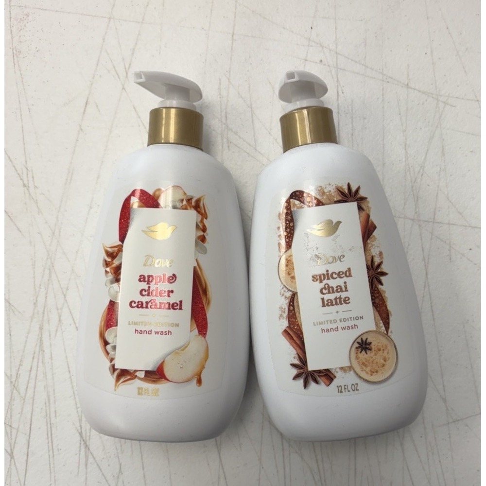 Dove Holiday Treats Hand Soap Apple Cider Caramel And Chai Latte 2 Pack. New